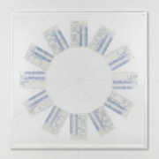 Untitled (Lennon & McCarthy Royalty Ledgers), 2022, Acquired objects and graphite, 56 x 56 inches. Dennis Scholl