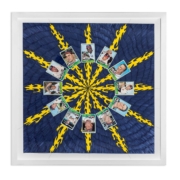 Untitled (‘65 Braves), 2022, Acquired objects over color marker on paper and graphite, 28 x 28 inches. Dennis Scholl